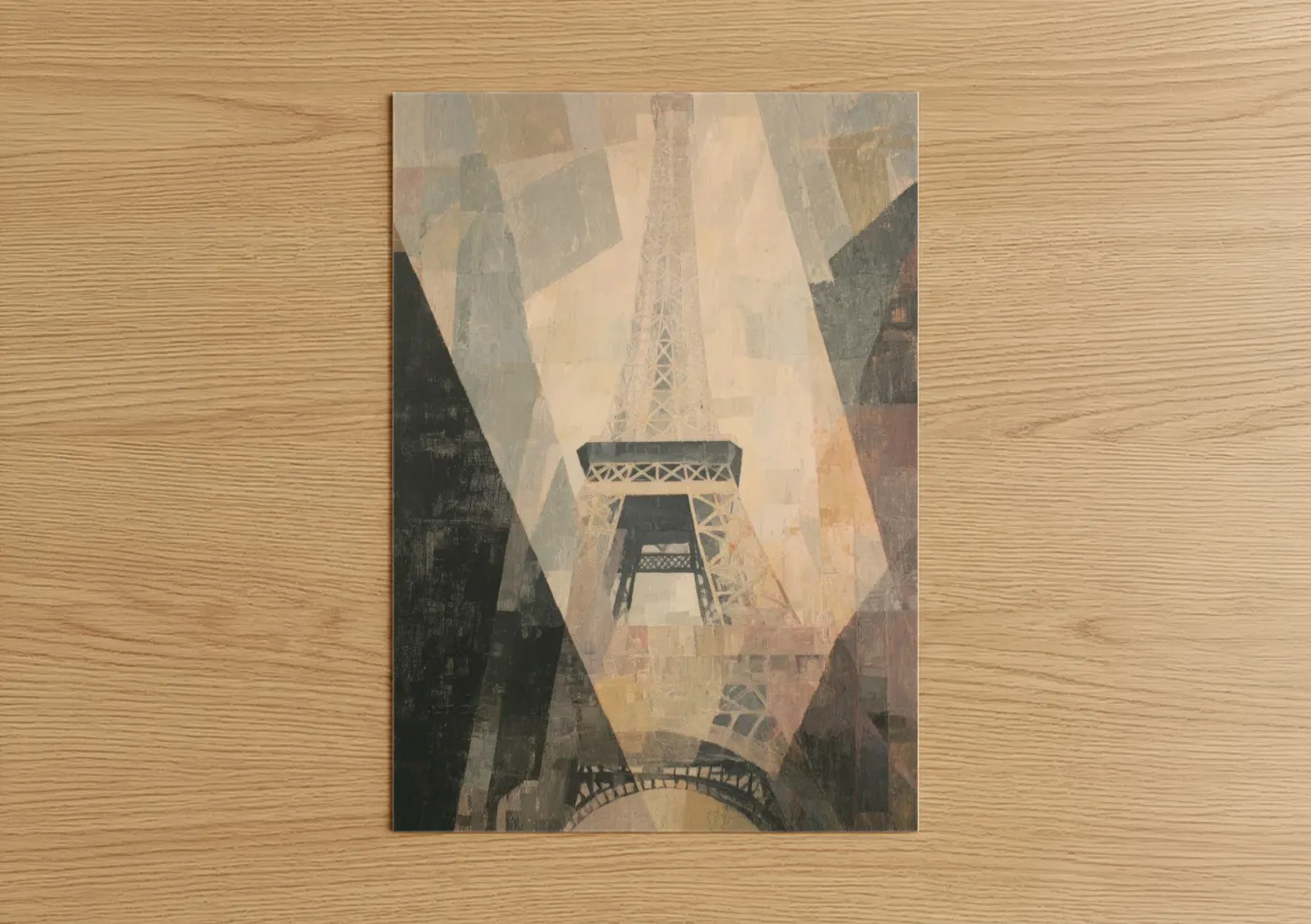 Eiffel tower art print on warm oak wood — cream and dove gray palette — Parisian Geometry poster