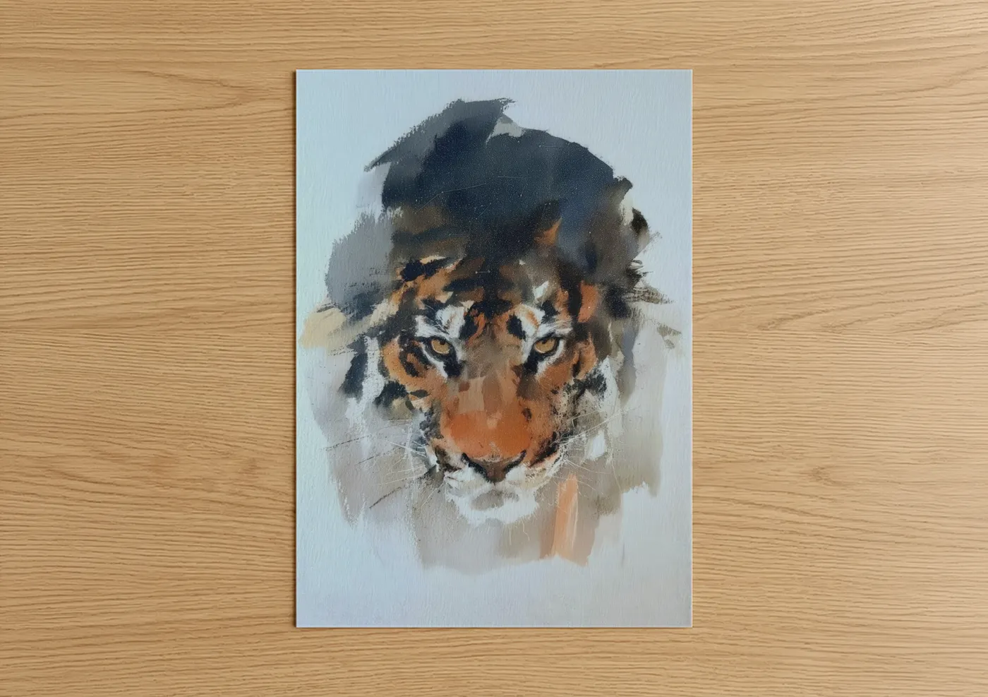 Art print on warm oak wood — gold and gray palette — Golden Tiger poster