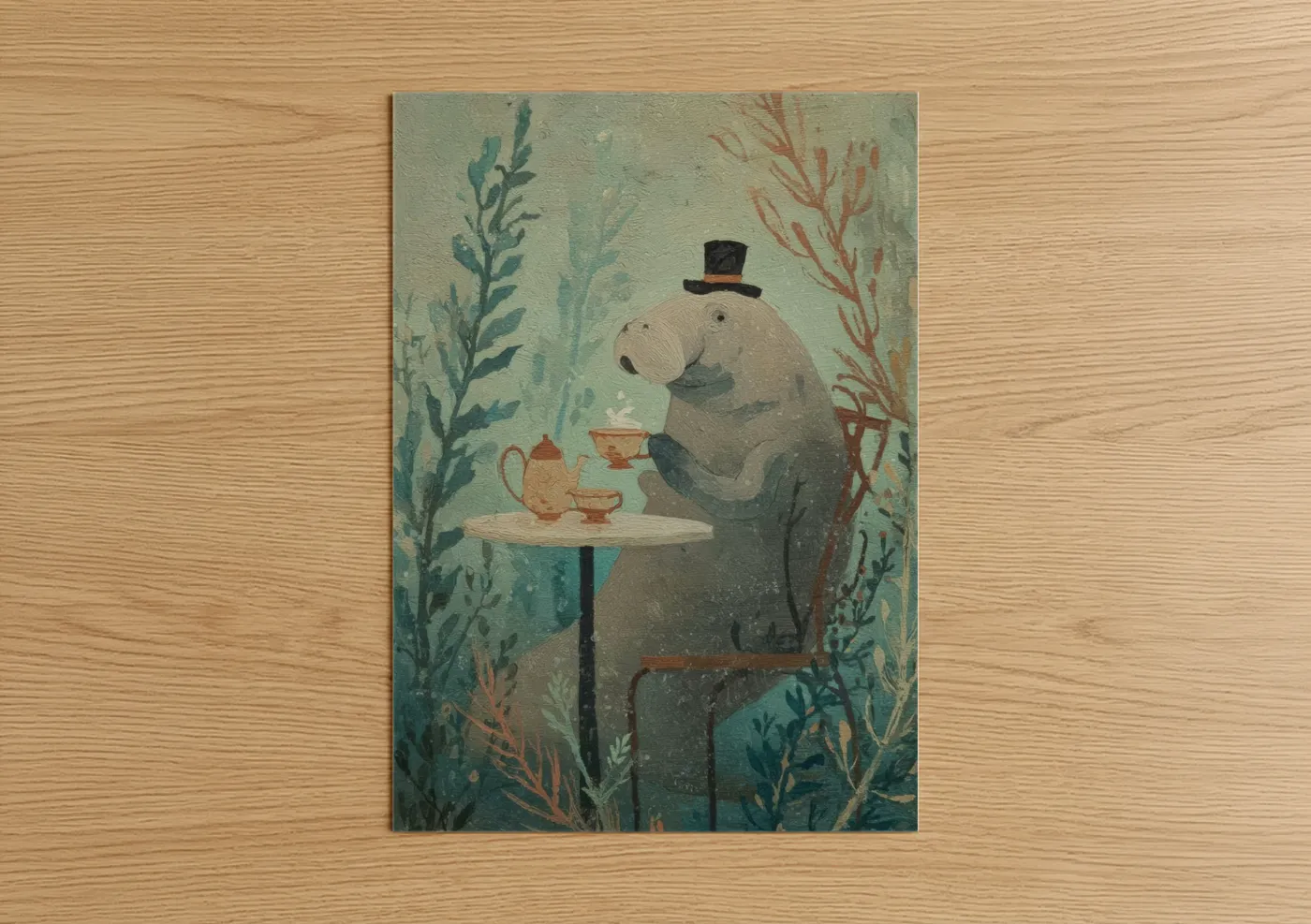 Genteel Manatee Tea Time Illustration Wall Art