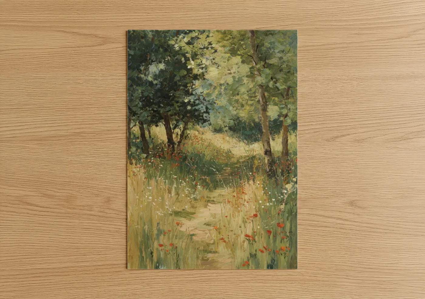 Oak forest art print on warm oak wood — green and gold palette — Wildflower Oak Path poster