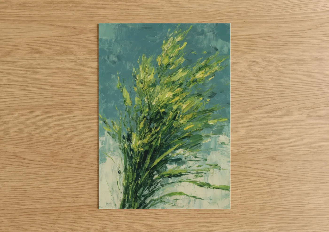 Art print on warm oak wood — yellow gold and green palette — Windswept Herbs poster