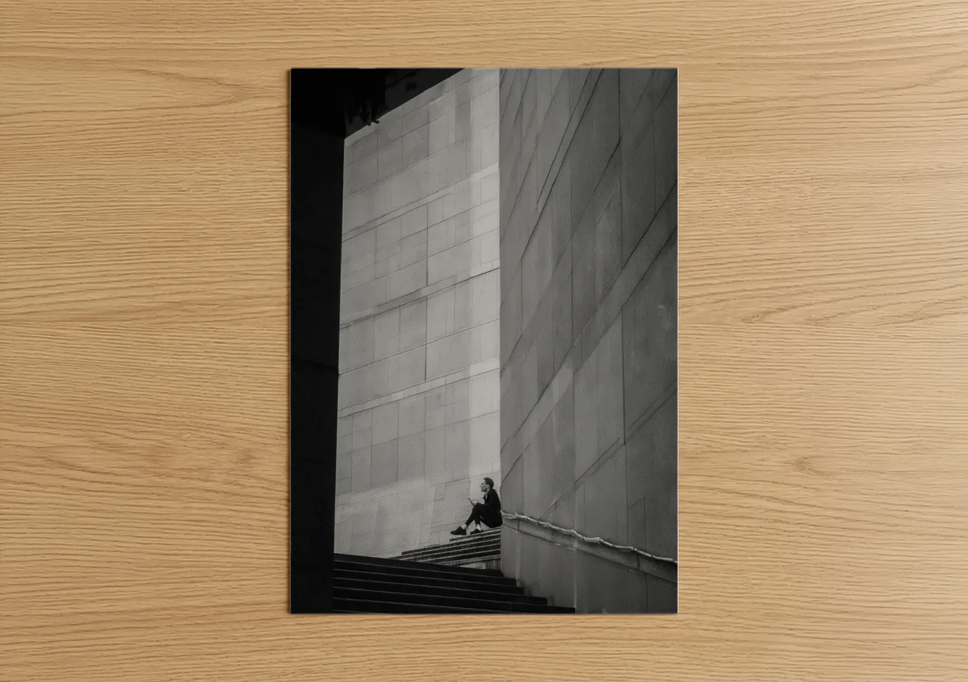Abstract architecture art print on warm oak wood — black and white and gray palette — Solitary Contemplation poster