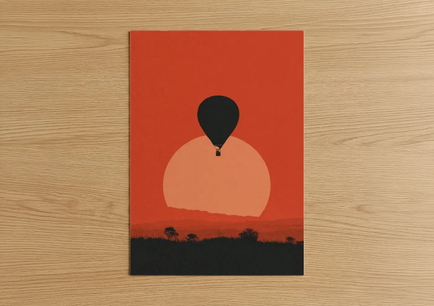 Hot air baloon art print on warm oak wood — red and peach palette — Sunset Ascent poster