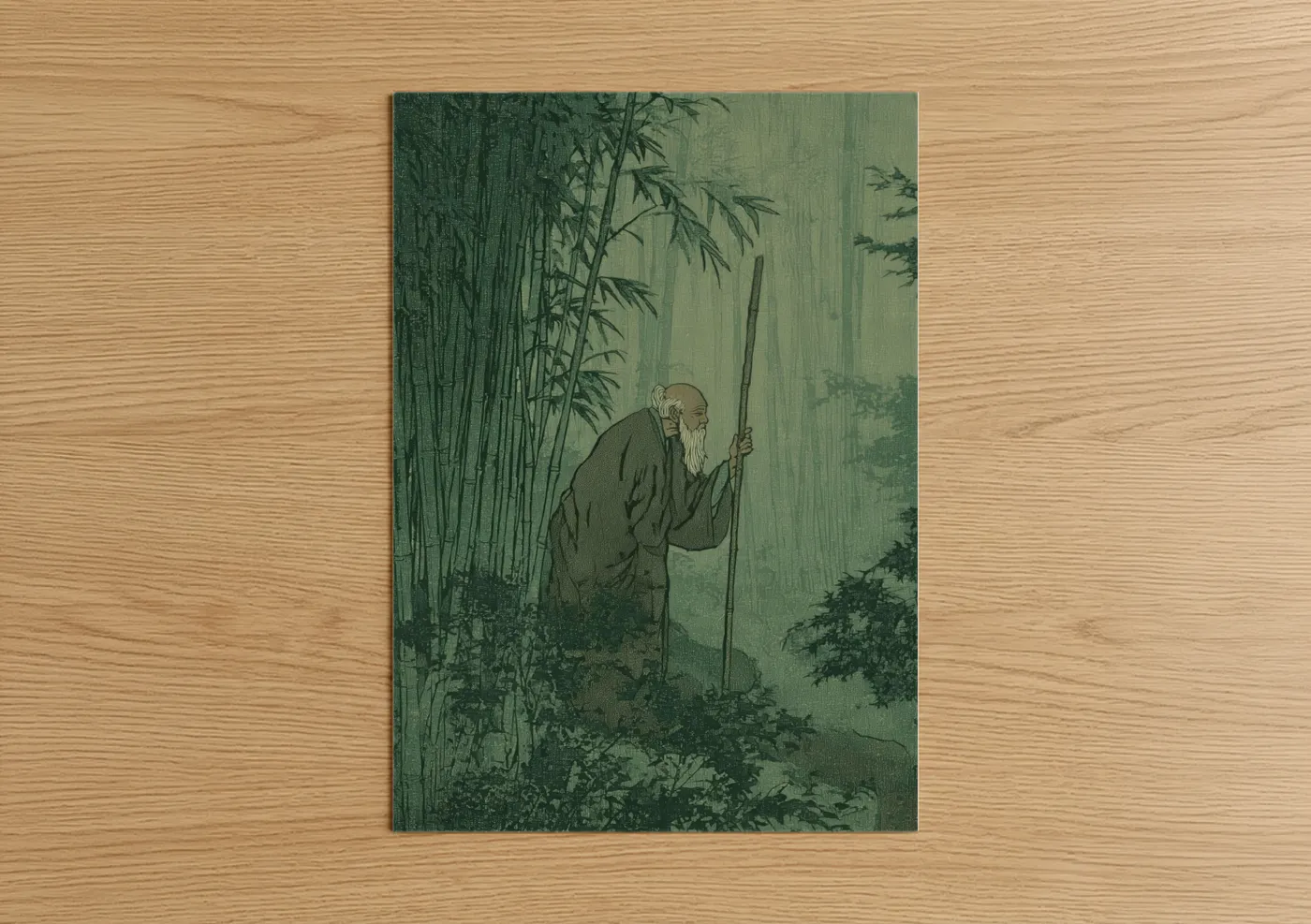 Kung fu art print on warm oak wood — sage green and dove gray palette — Bamboo Master poster