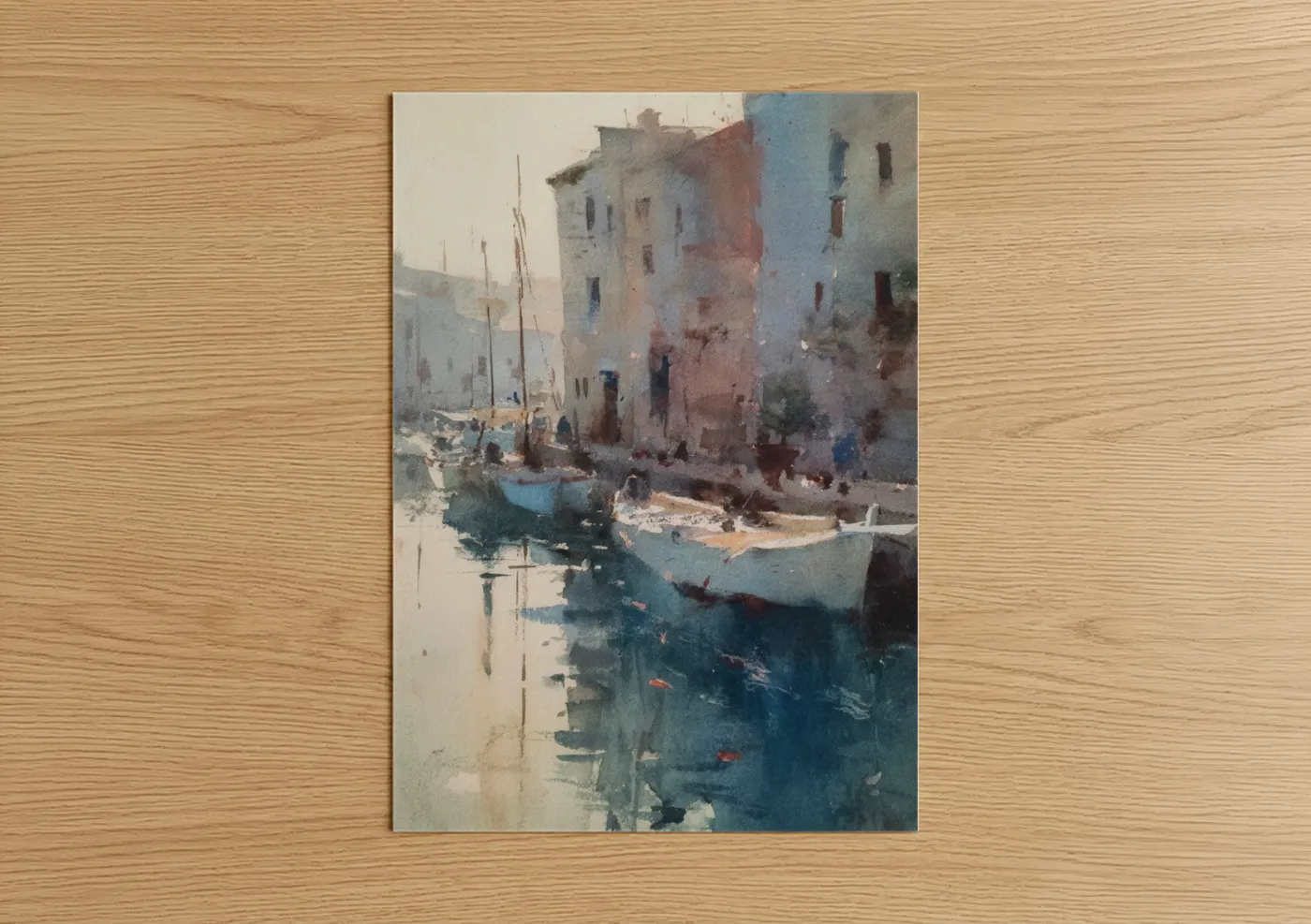 Mediterranean Harbor Watercolor Painting Wall Art