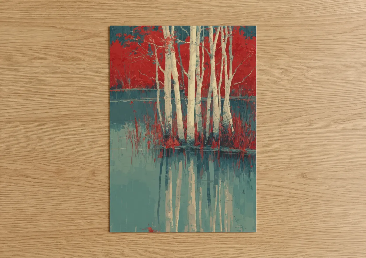 Red Birch Trees Lake Reflection Wall Art