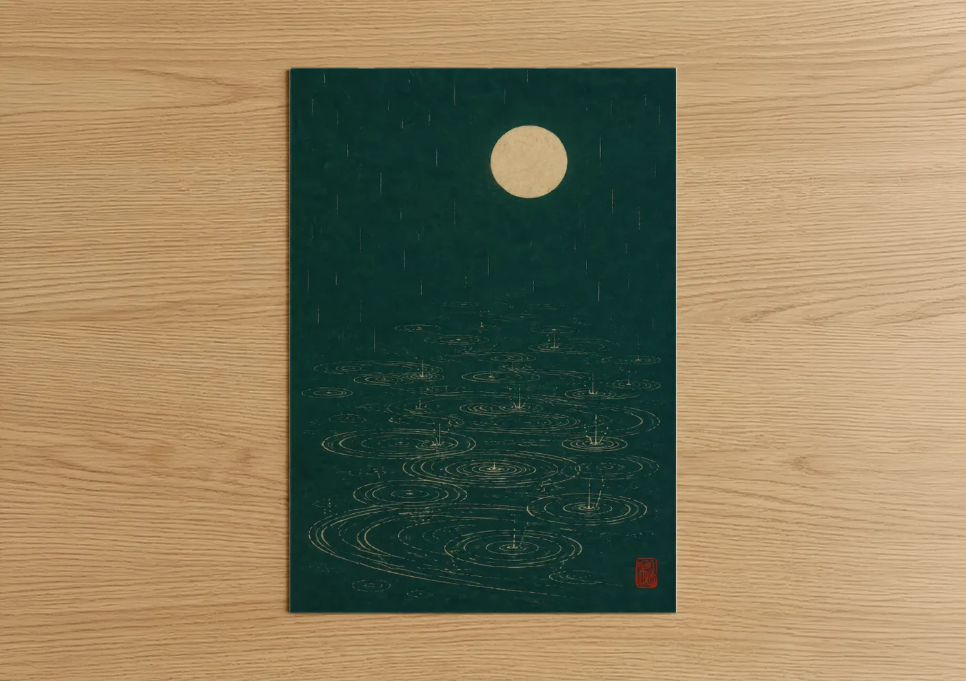 Art print on warm oak wood — dark green and cream palette — Moonlit Rain River Wall Art poster