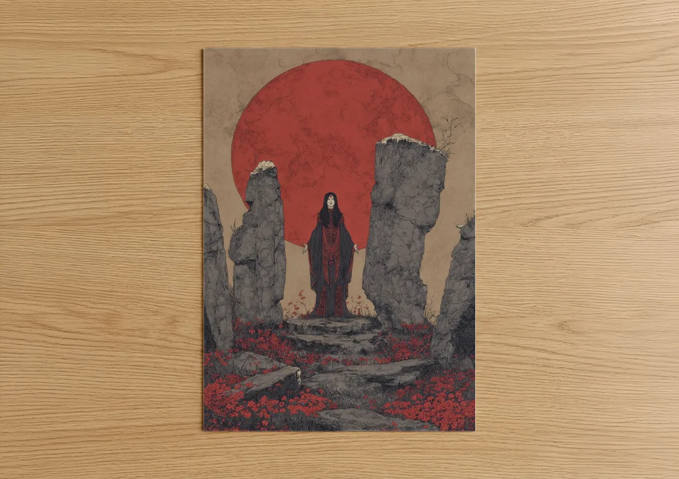 Elf art print on warm oak wood — red and gray palette — Crimson Sorceress poster