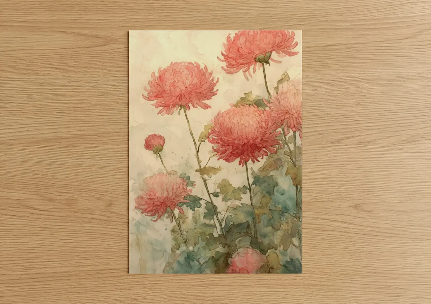 Coral Chrysanthemums Watercolor Botanical Wall Art