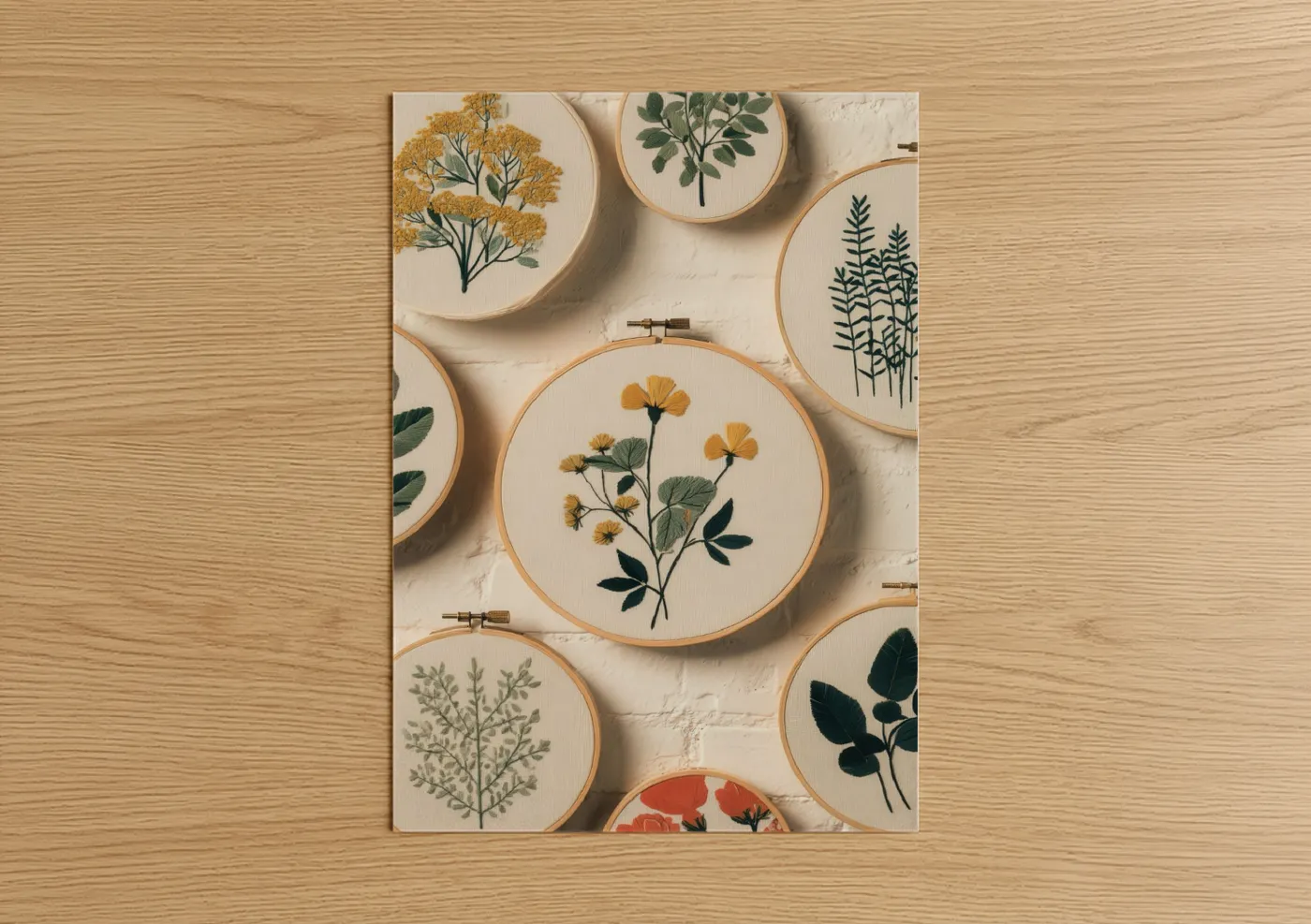 Knitting and sewing art print on warm oak wood — cream and dark green palette — Botanical Embroidery poster