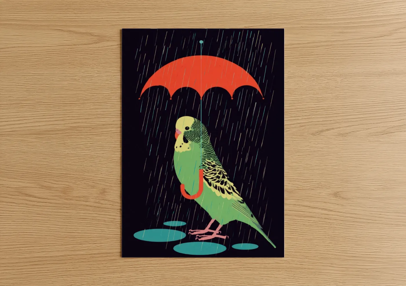 Colorful Budgerigar Rainy Day Illustration Wall Art