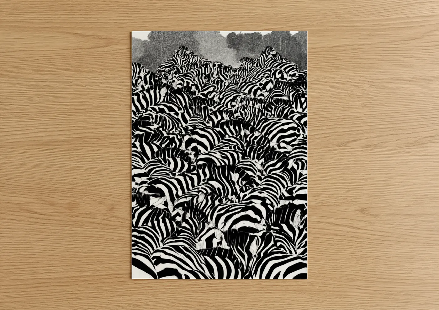 Art print on warm oak wood — black and white palette — Zebra Herd Stampede poster