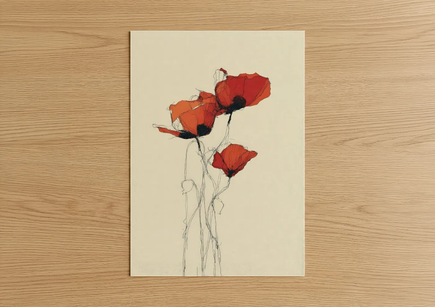 Poppies art print on warm oak wood — red and cream palette — Vibrant Poppy Trio poster