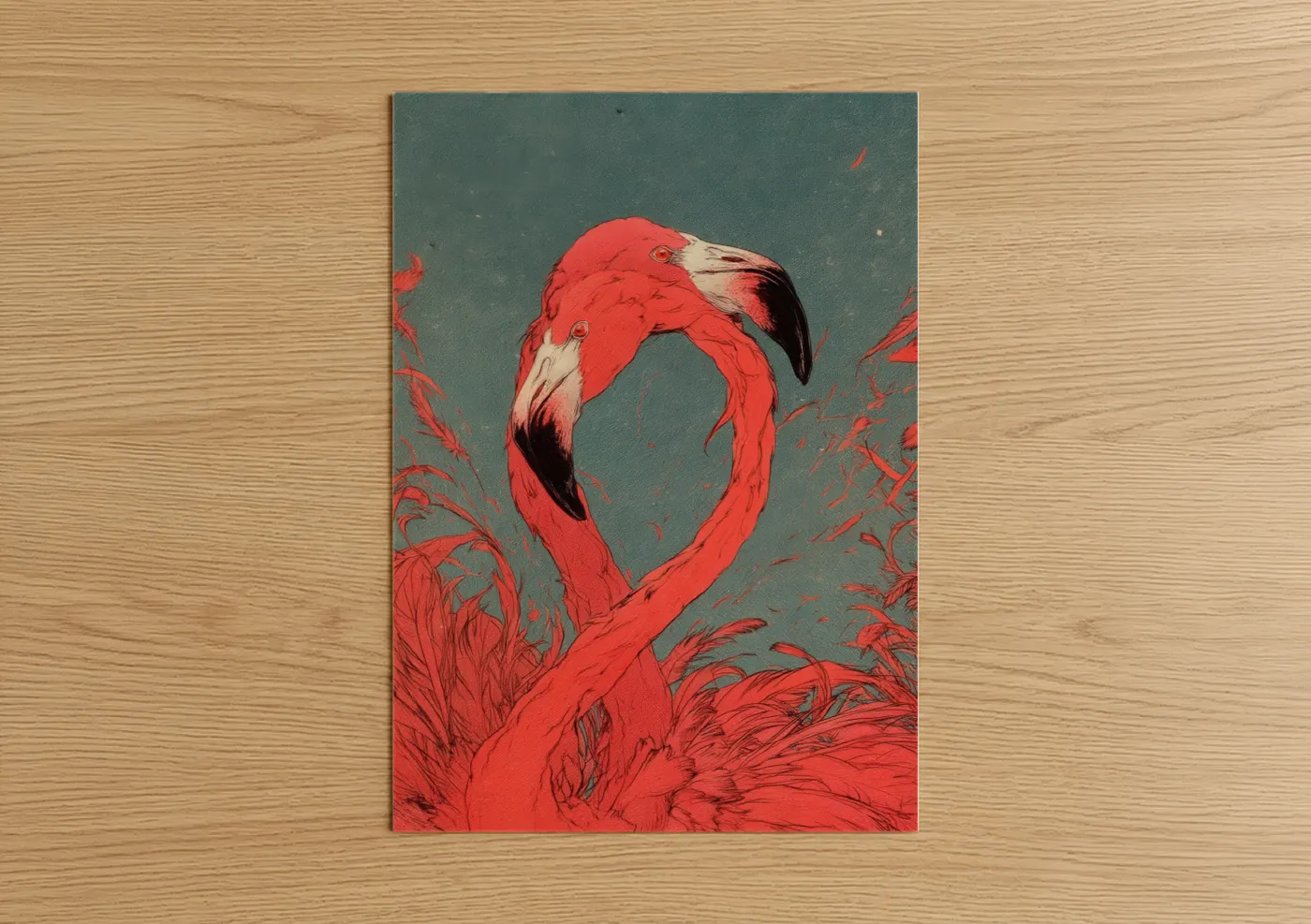 Art print on warm oak wood — red and dark green palette — Crimson Flamingo poster