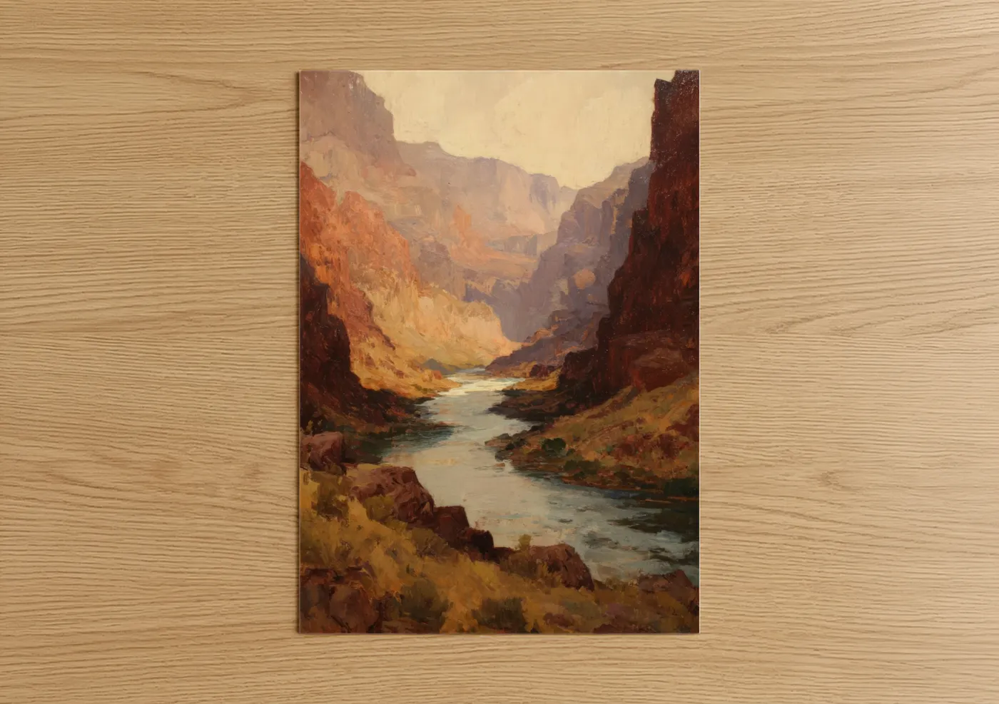 Art print on warm oak wood — gold and russet palette — Golden Canyon River poster