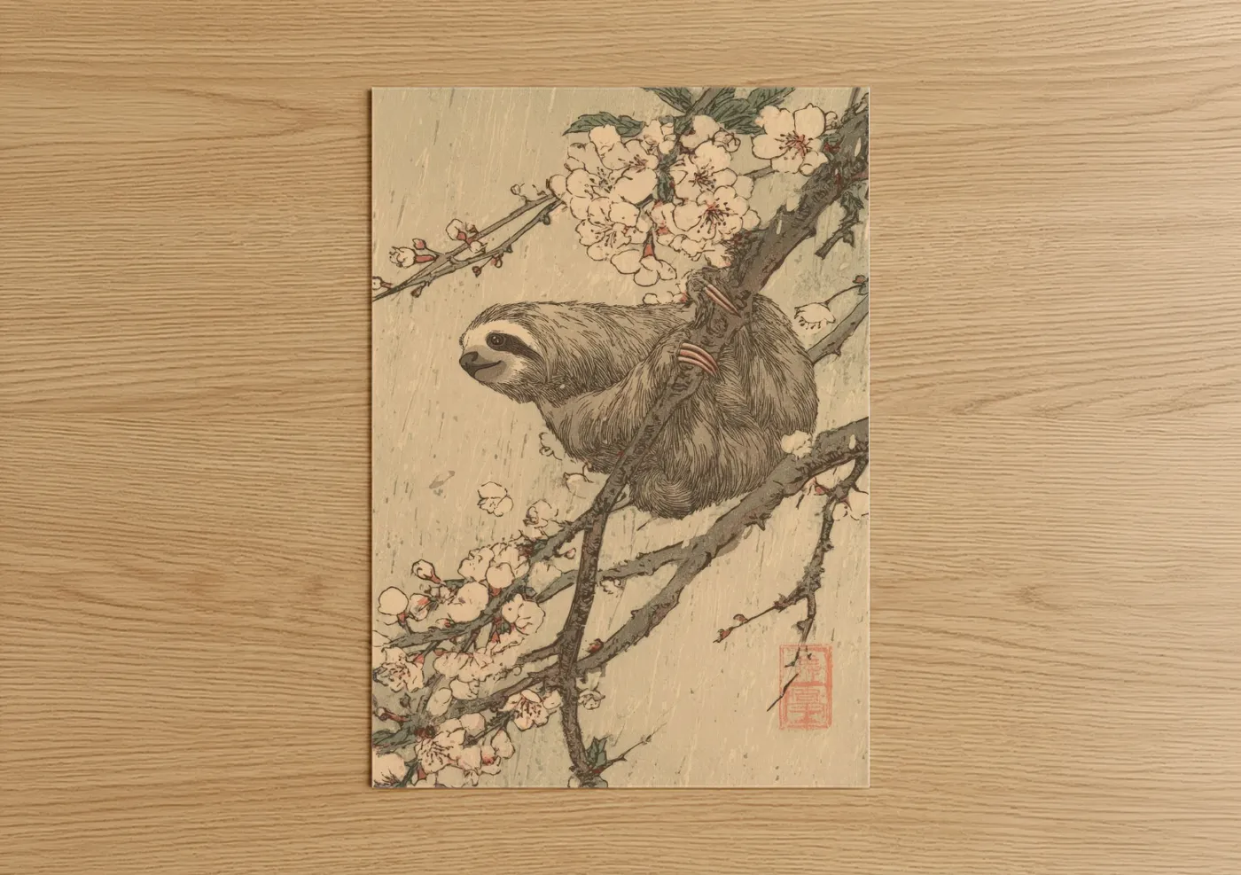 Sloth Cherry Blossoms Japanese Wall Art