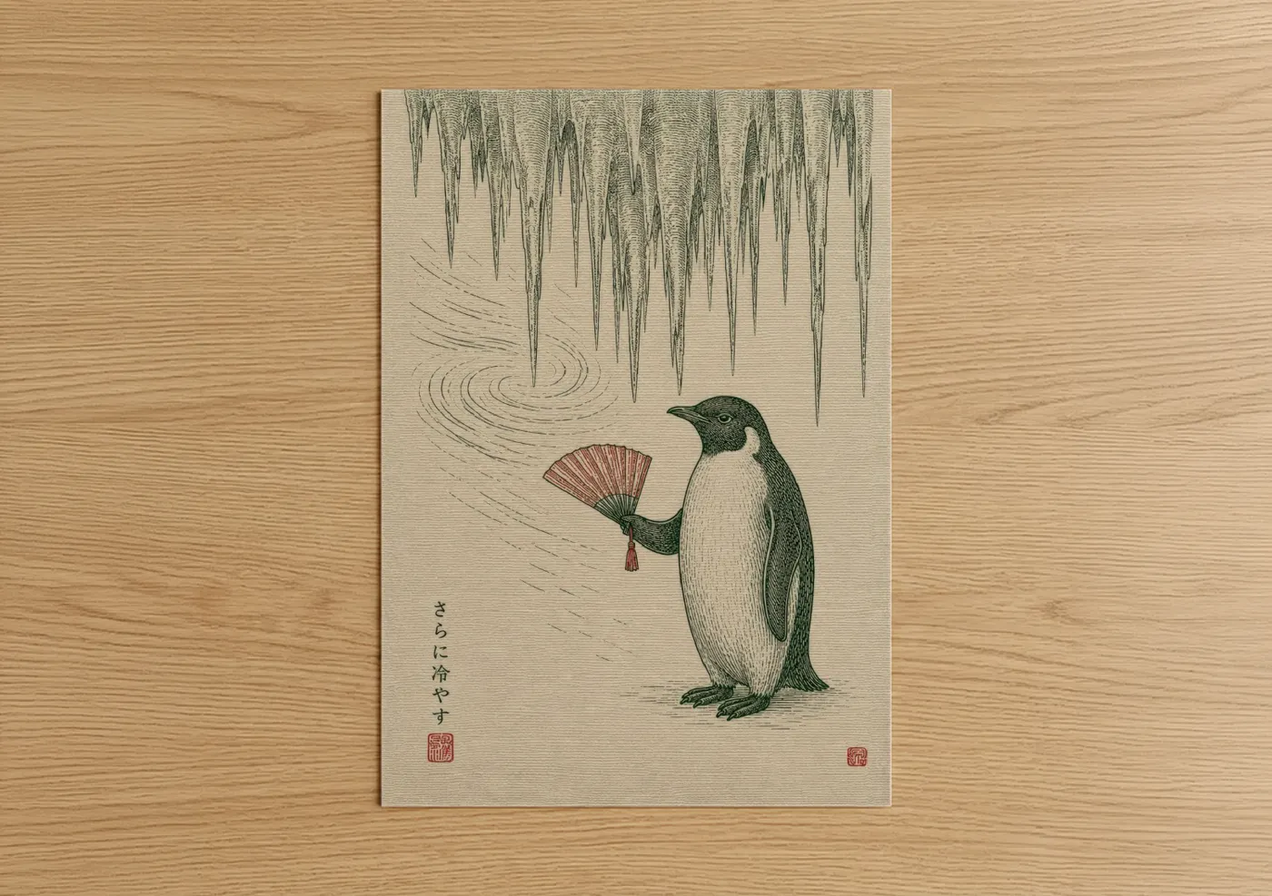 Art print on warm oak wood — beige and dark green palette — Japanese Penguin Woodblock Wall Art poster