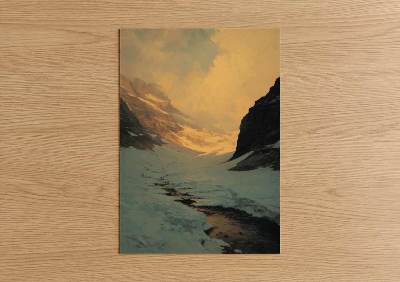 Art print on warm oak wood — gold and blue palette — Golden Glacier Valley poster