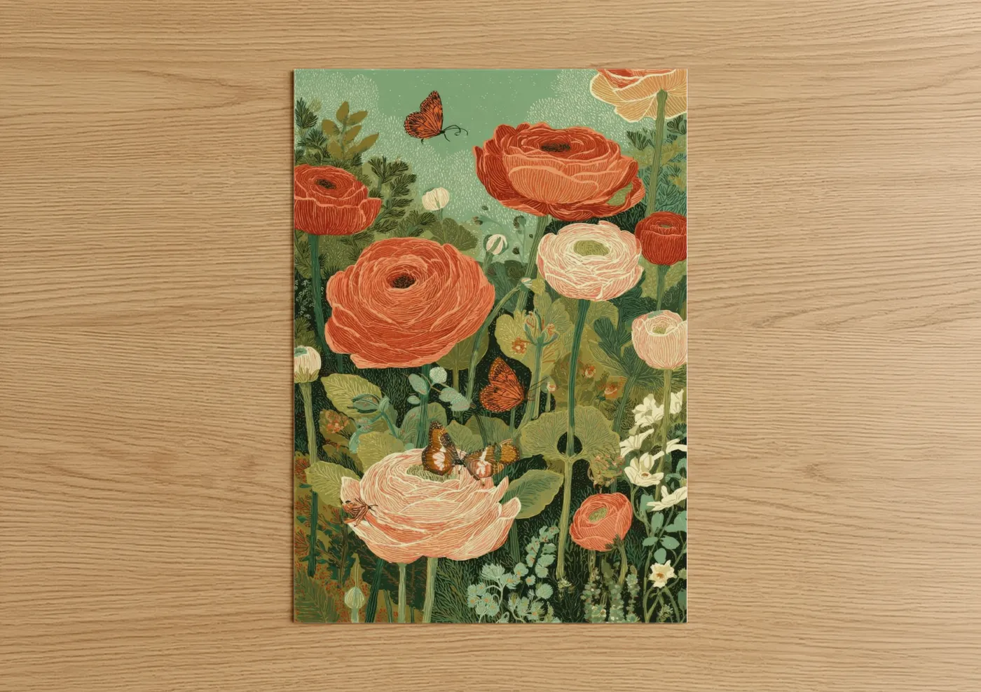 Art print on warm oak wood — sage green and salmon pink palette — Coral Ranunculus Garden poster