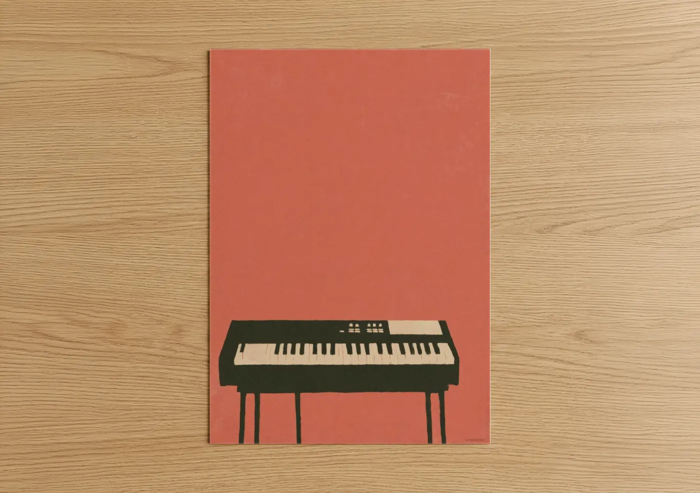 Art print on warm oak wood — salmon pink and black and white palette — Retro Keyboard poster