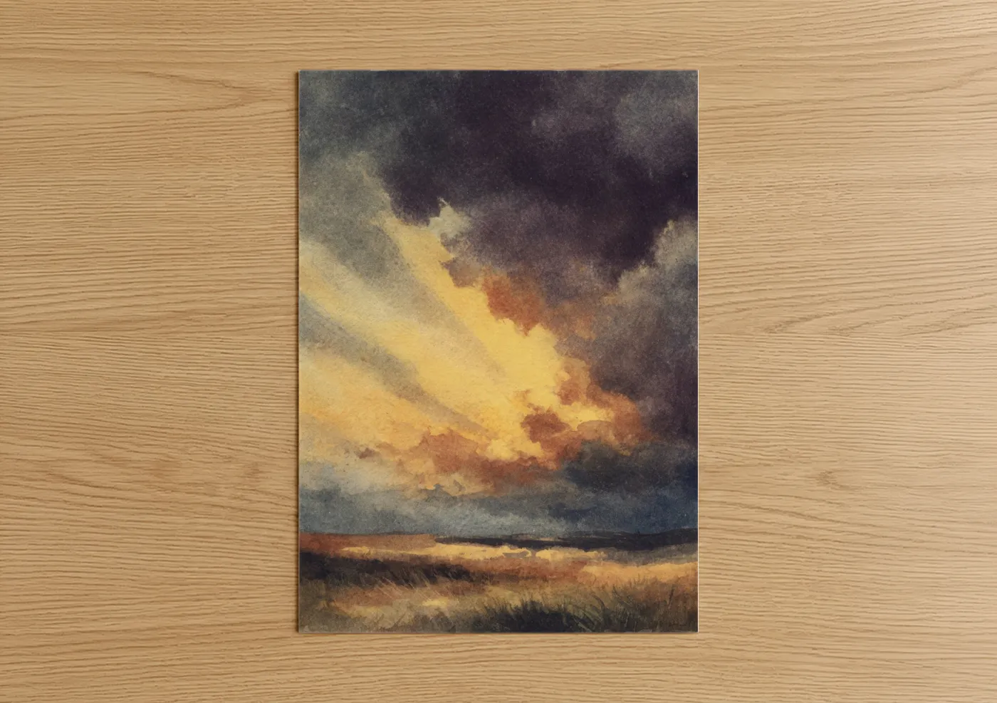 Art print on warm oak wood — gold and gray palette — Dramatic Storm Sunset poster