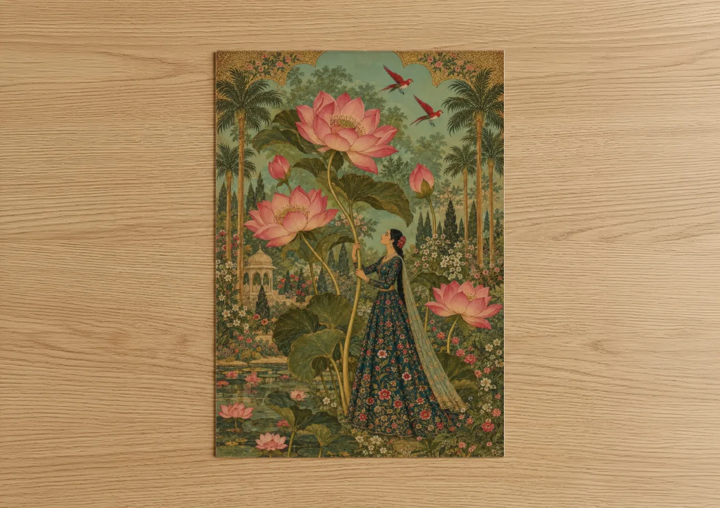 Art print on warm oak wood — pink and gold palette — Lotus Garden Woman With Parrots Wall Art poster