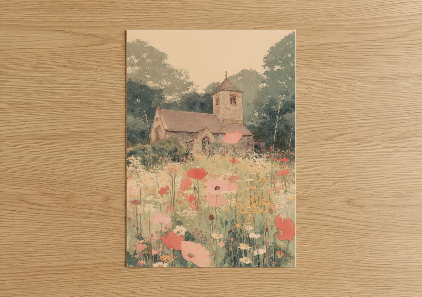 Churches and chapels art print on warm oak wood — cream and sage green palette — Wildflower Chapel poster