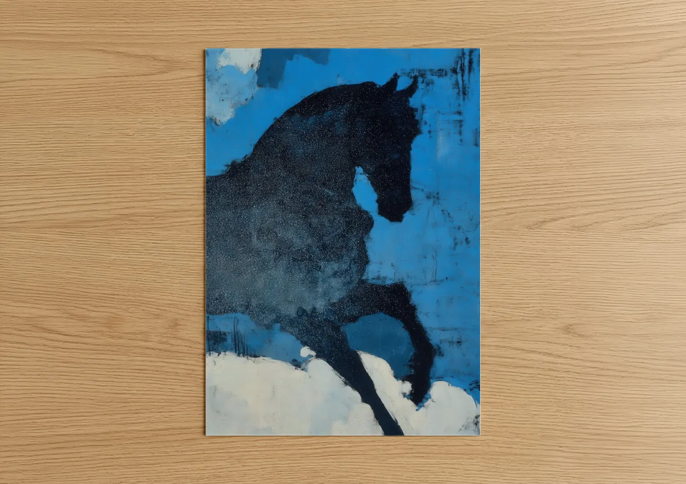 Andalusian horse art print on warm oak wood — blue and white palette — Snowy Andalusian poster