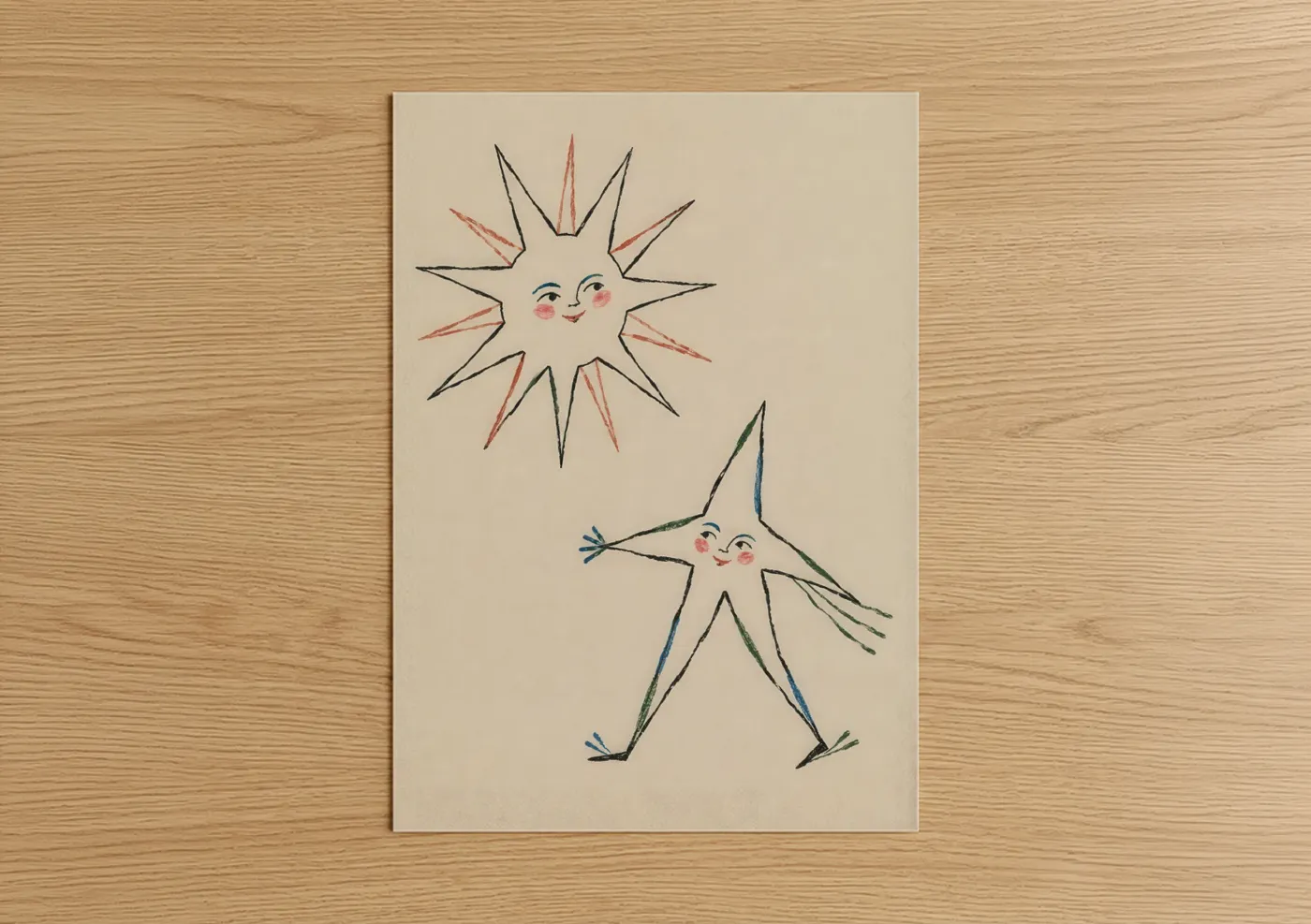 Art print on warm oak wood — beige and cream palette — Smiling Sun and Star Wall Art poster
