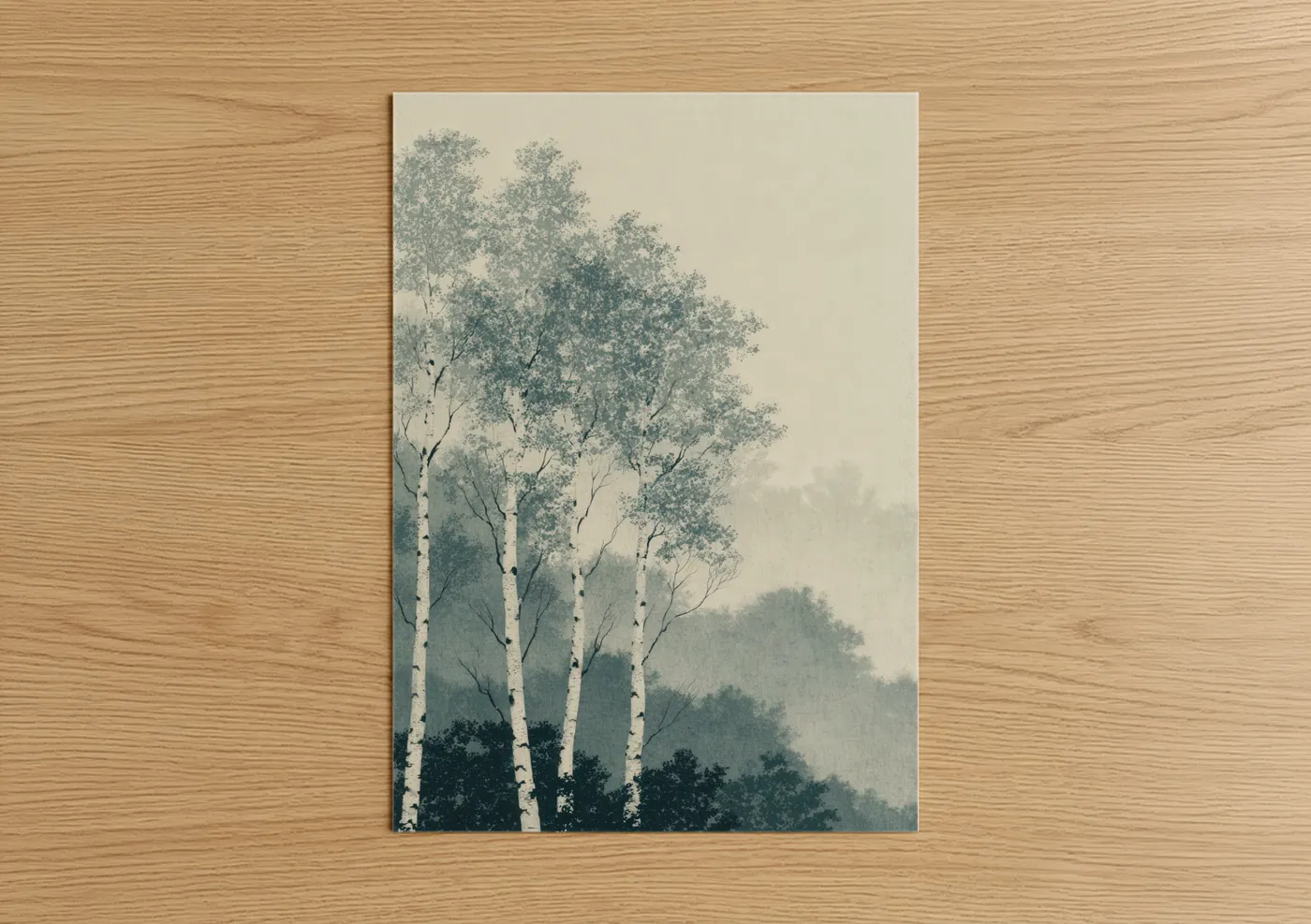 Art print on warm oak wood — dove gray and teal palette — Misty Birch Forest poster
