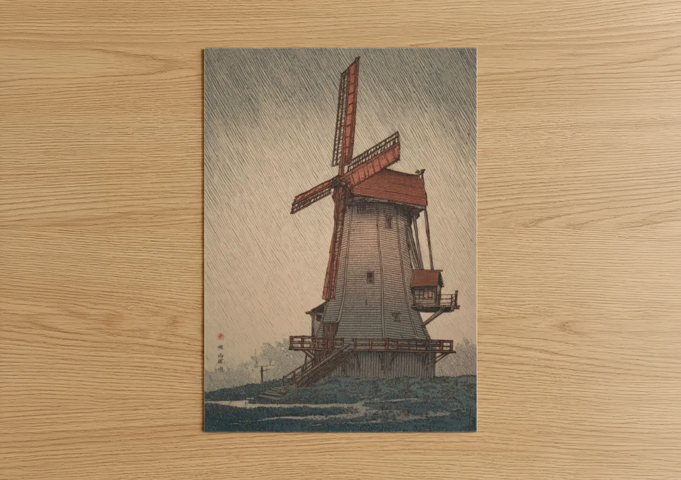 Windmills art print on warm oak wood — russet and gray and white palette — Dutch Windmill Rain poster