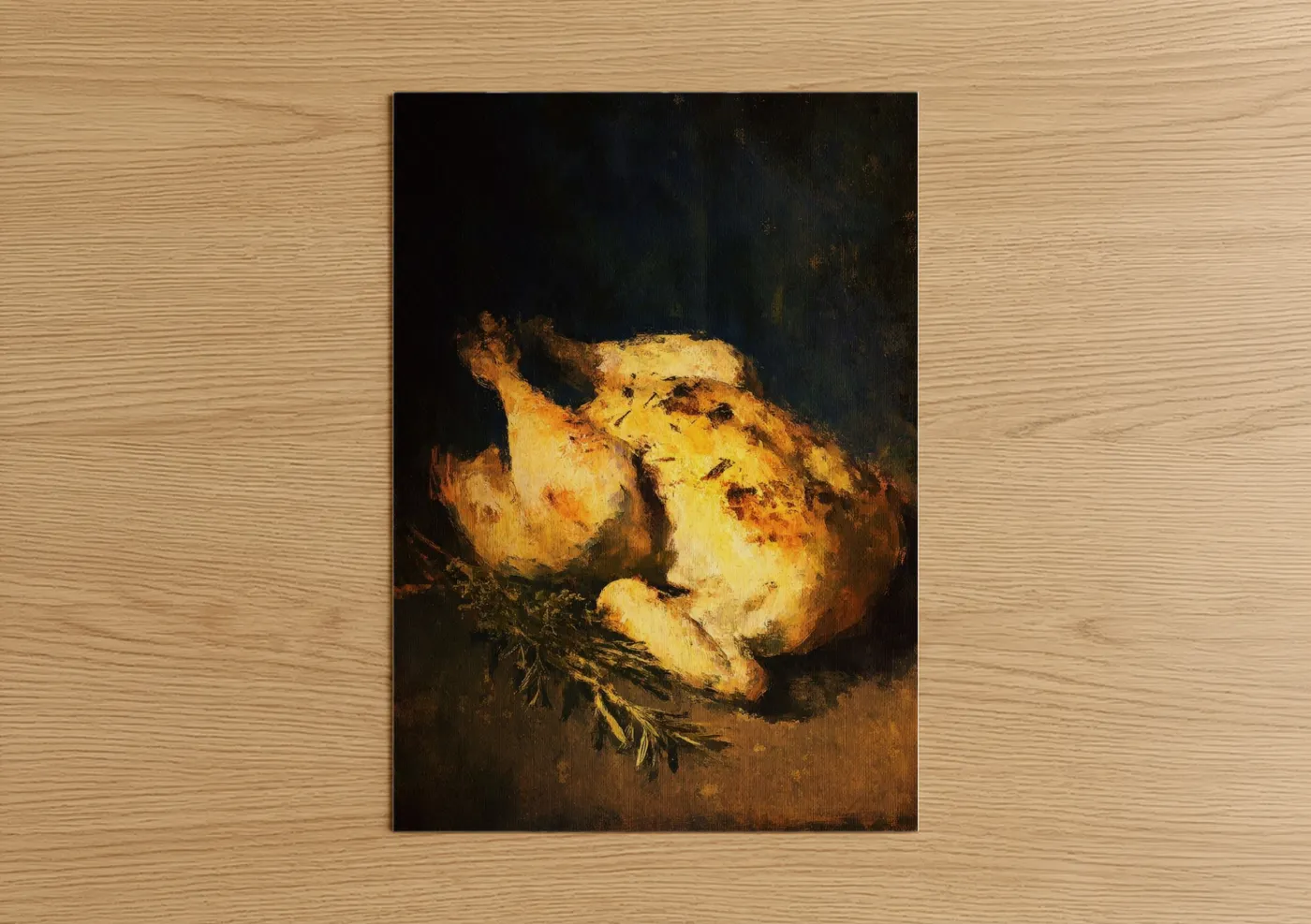 Poultry art print on warm oak wood — gold and brown palette — Golden Roasted Chicken poster
