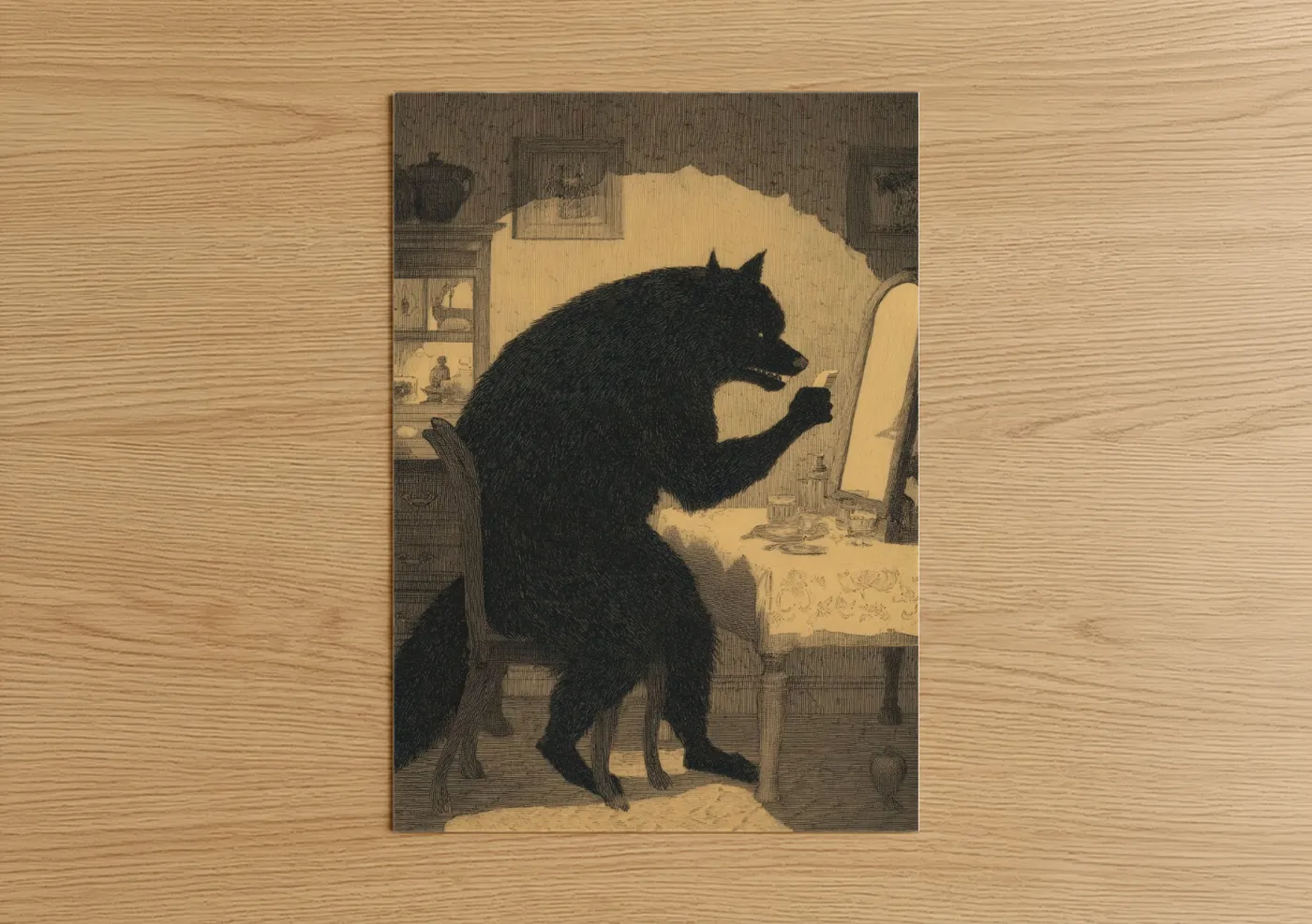 Halloween art print on warm oak wood — cream and black palette — Vanity Mirror Wolf poster