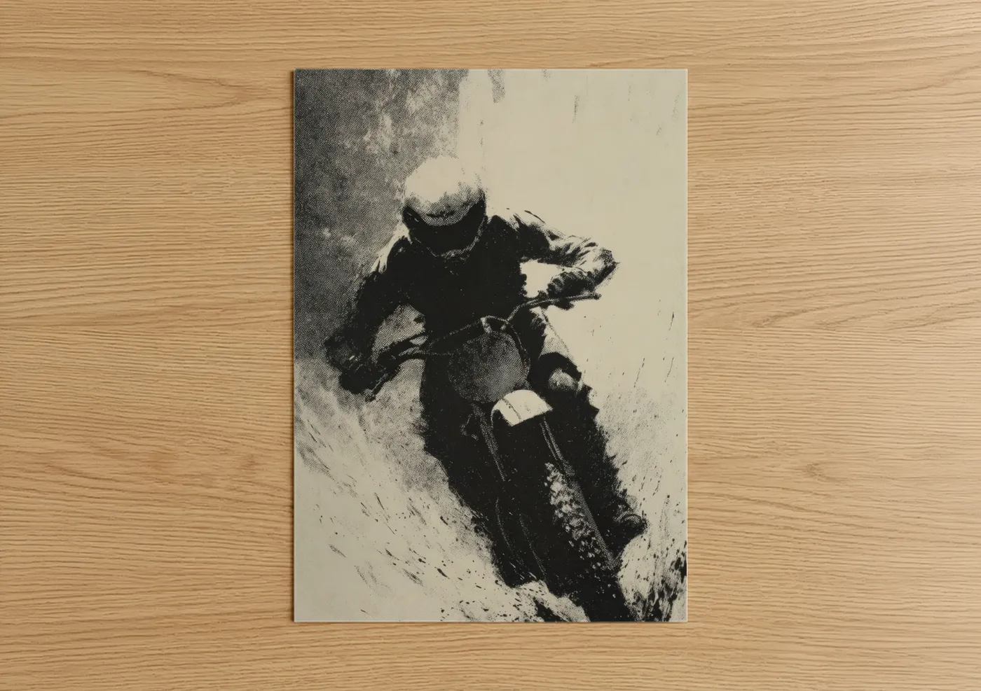 Art print on warm oak wood — black and white palette — Desert Motocross poster
