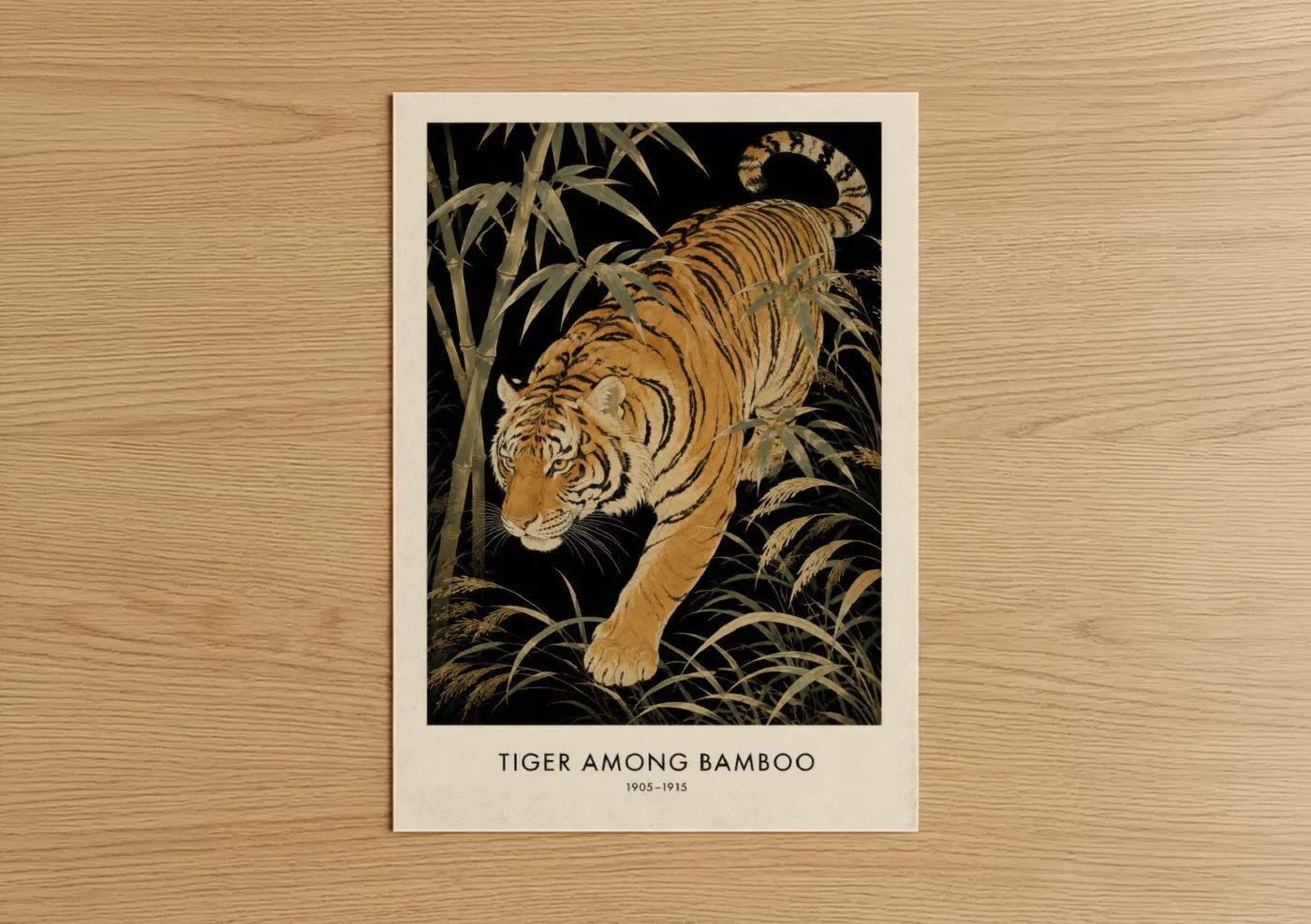 Art print on warm oak wood — gold and black palette — Tiger Among Bamboo Japanese Wall Art poster
