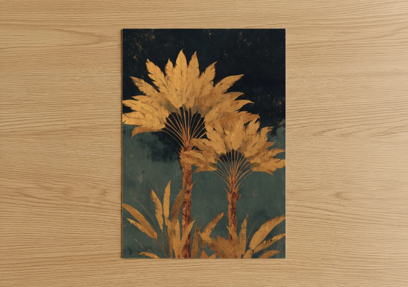 Palm tree art print on warm oak wood — gold and black and gold palette — Golden Palm Elegance poster