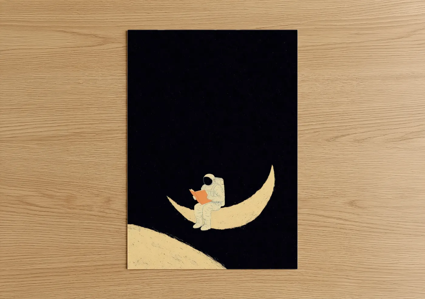Astronaut art print on warm oak wood — black and gold palette — Lunar Reader poster
