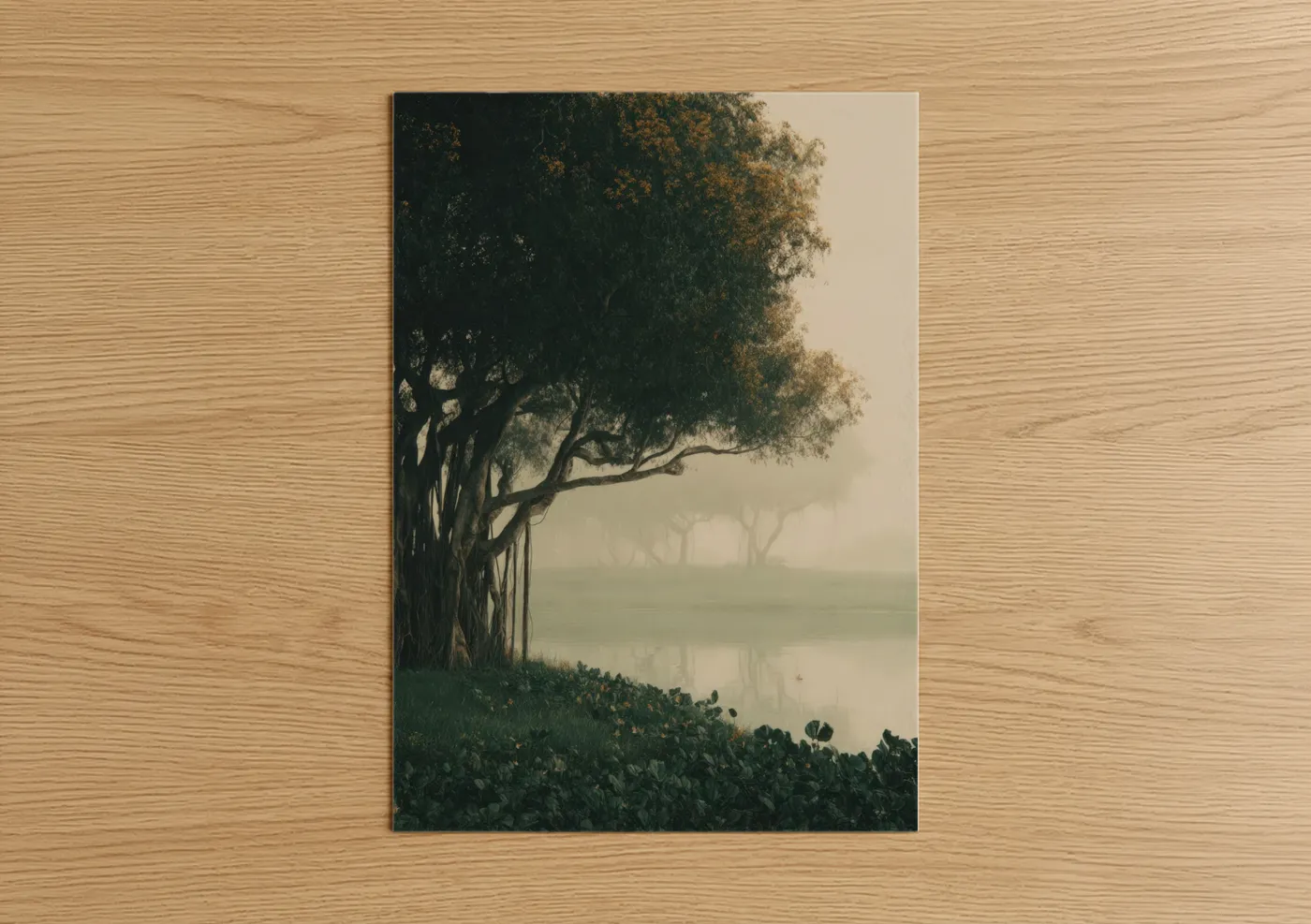 Misty Banyan Tree Riverside Watercolor Wall Art