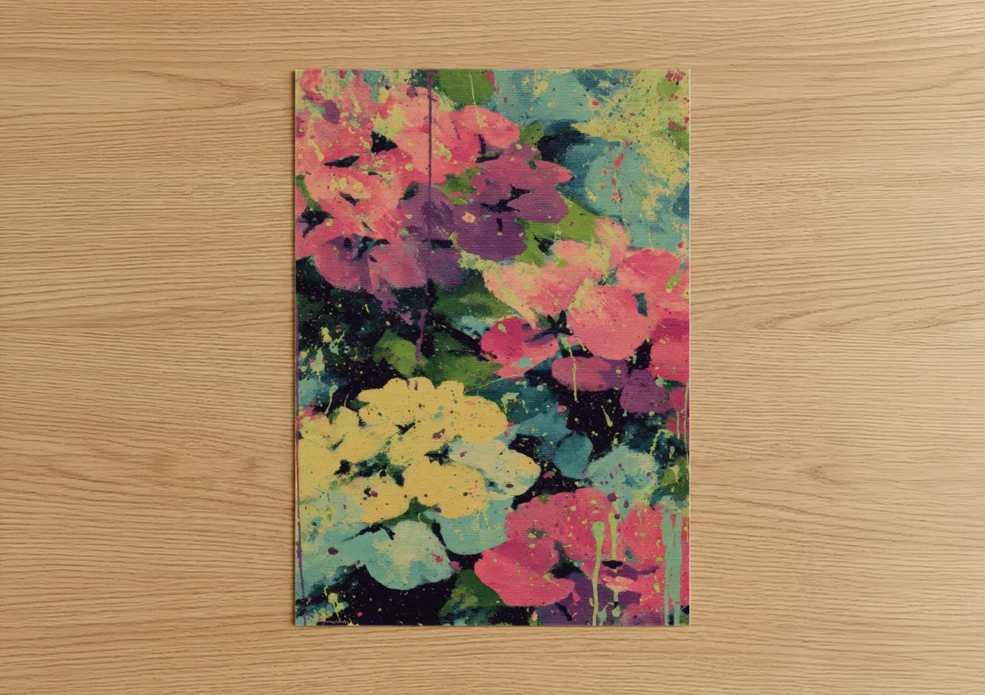 Art print on warm oak wood — magenta and yellow gold palette — Vibrant Hydrangea Blooms poster