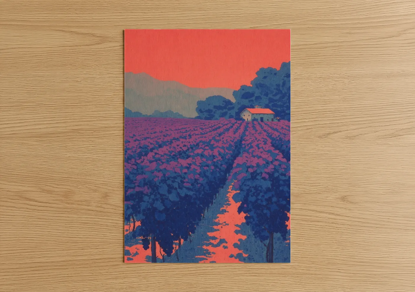 Wineries and cellars art print on warm oak wood — red and royal blue palette — Crimson Vineyard poster