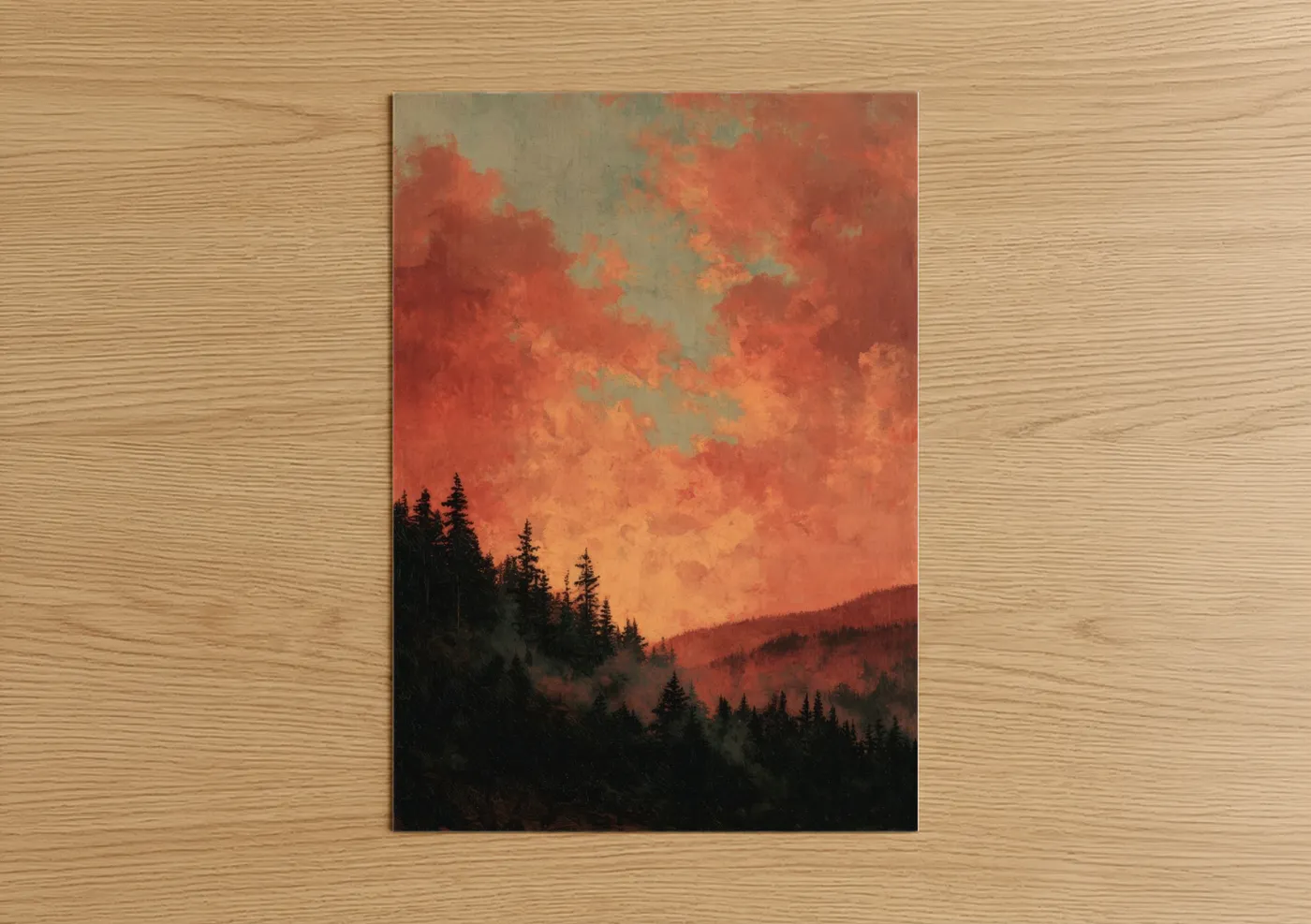 Crimson Sunset Pine Forest Landscape Wall Art