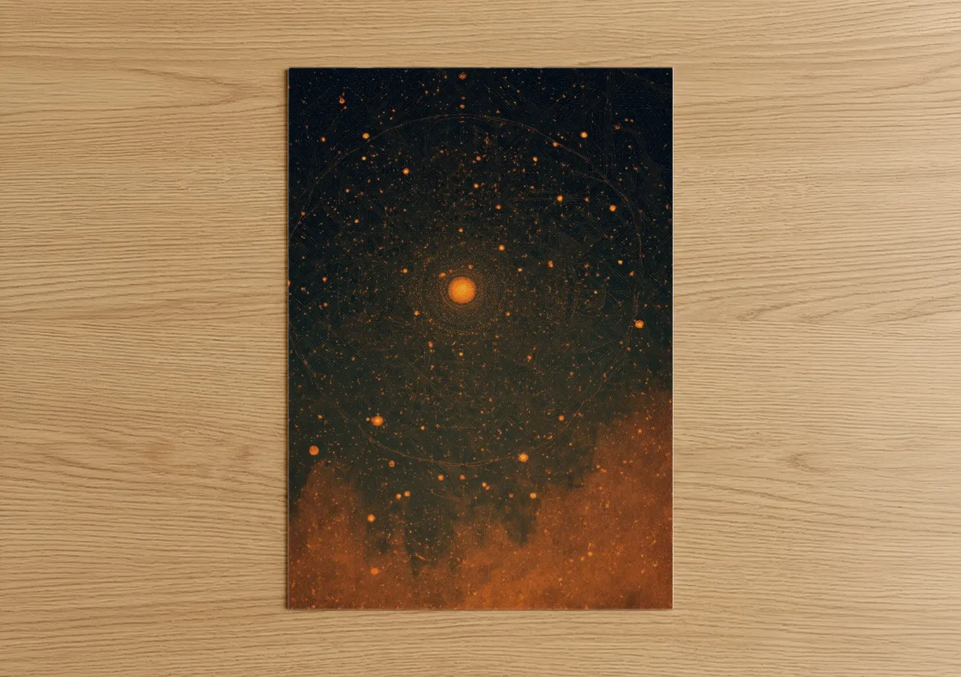Art print on warm oak wood — gold and black palette — Radiant Galaxy poster