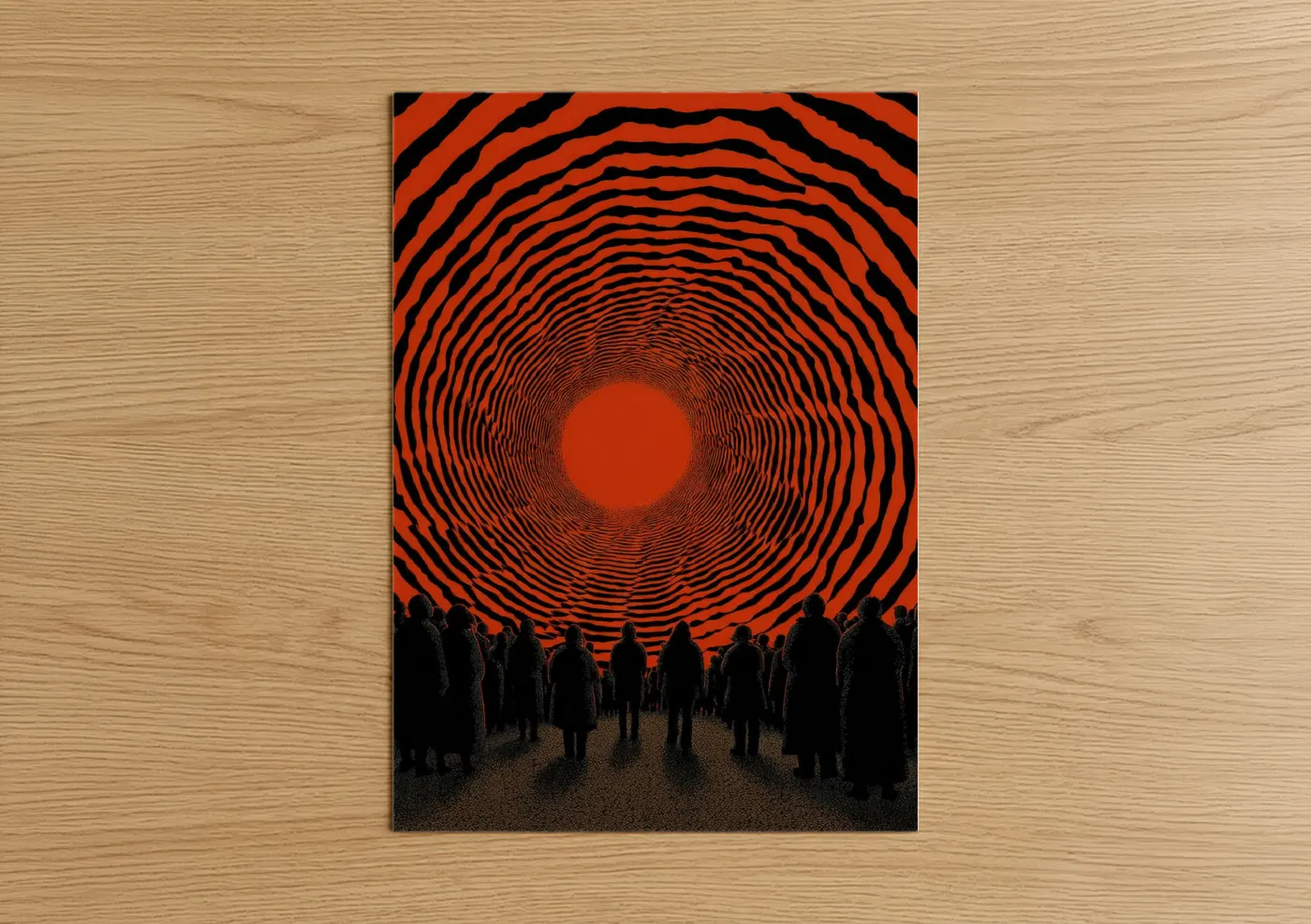 Japanese psychedelic art print on warm oak wood — red and black palette — Crimson Portal Gathering poster