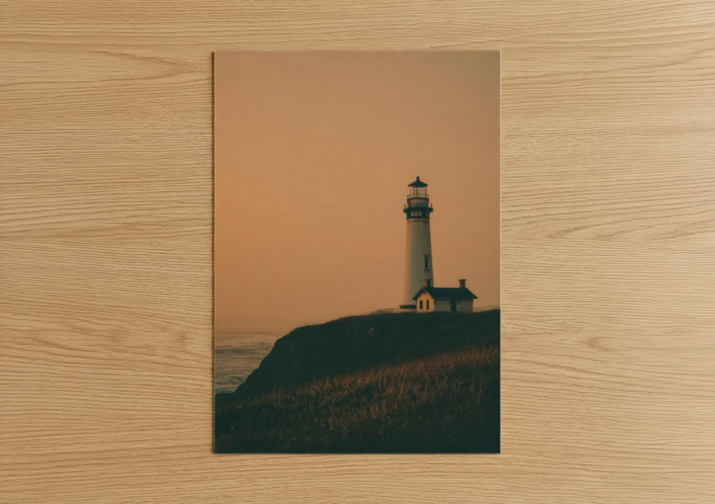 Art print on warm oak wood — gold and russet palette — Coastal Lighthouse Sunset poster