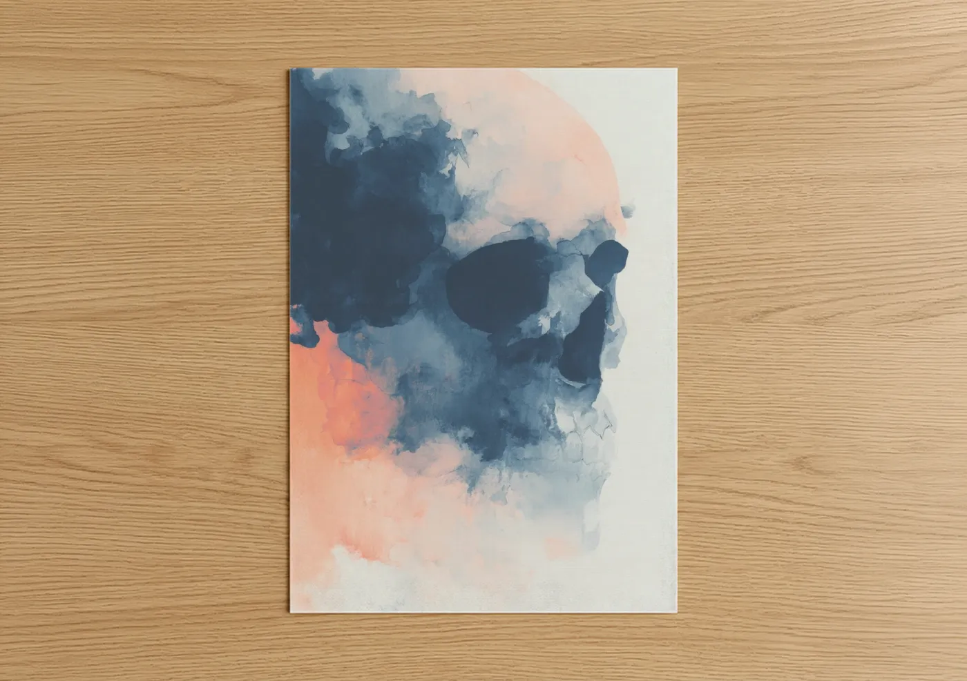 Art print on warm oak wood — blue and peach palette — Watercolor Skull poster
