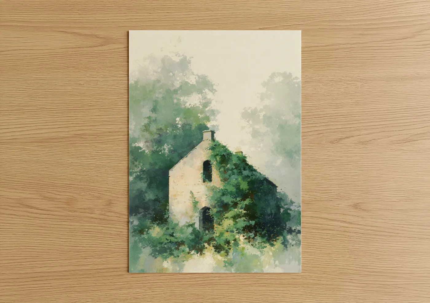 Ivy-Covered Stone Chapel Watercolor Wall Art