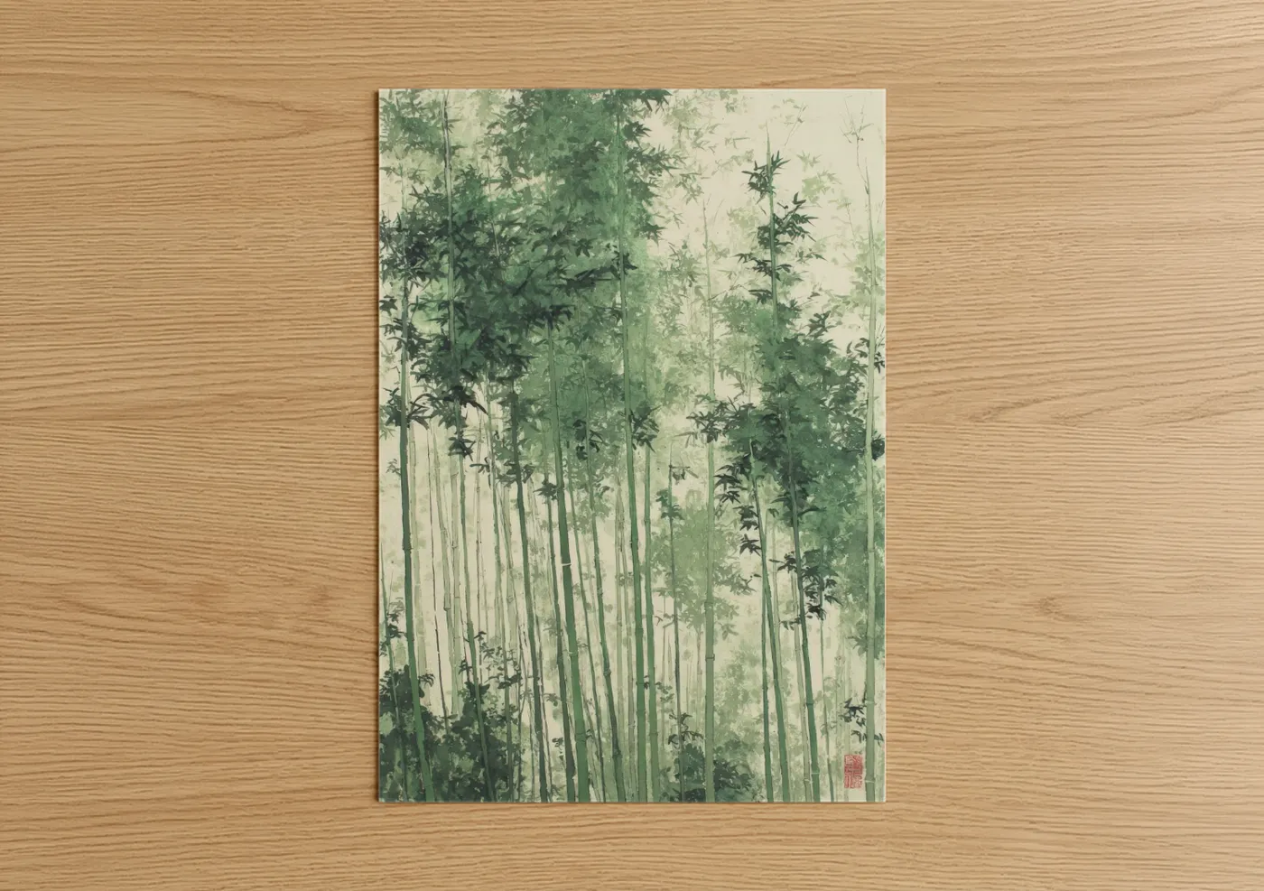 Forest trees art print on warm oak wood — green and cream palette — Misty Bamboo Forest poster
