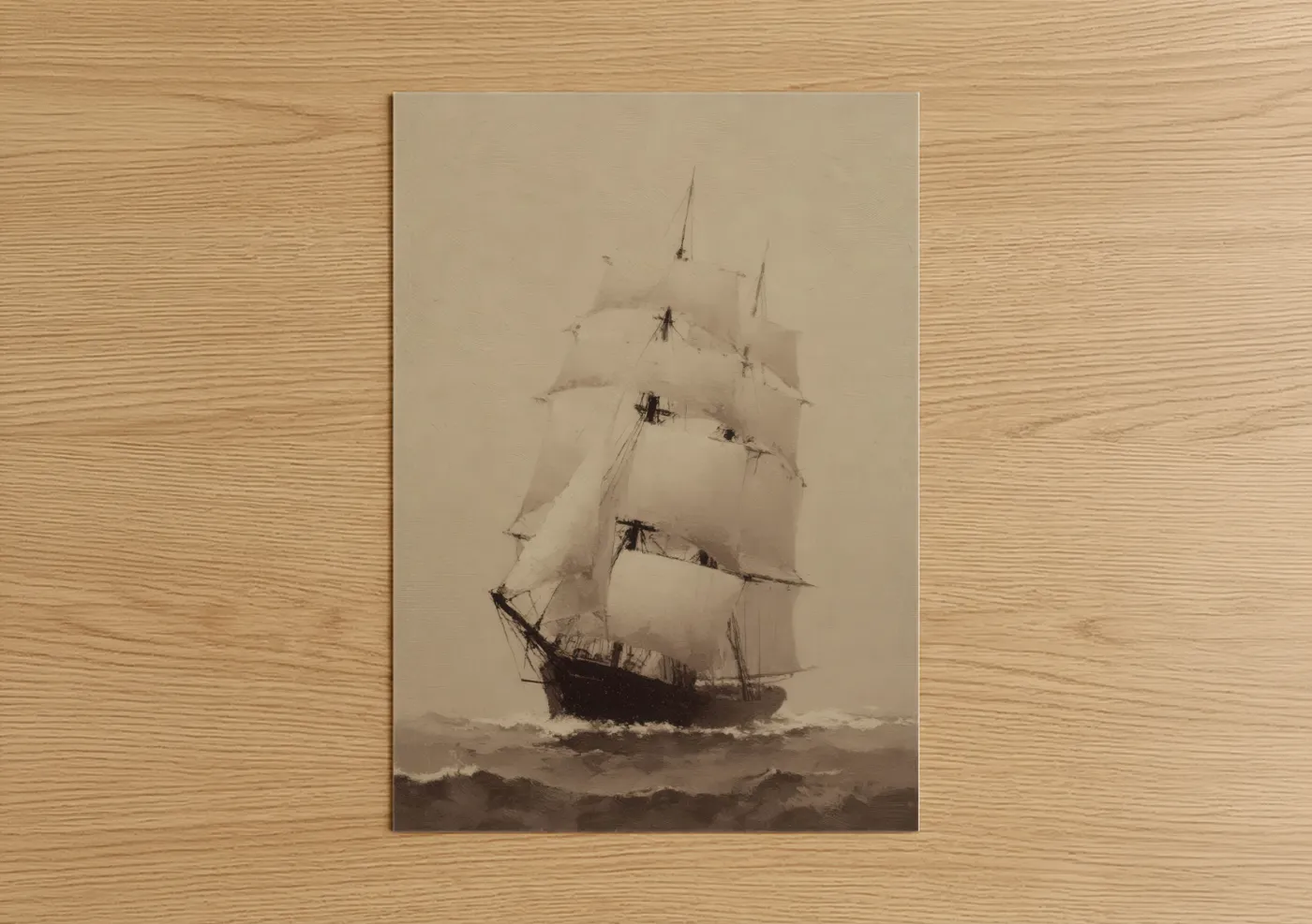 Old ships art print on warm oak wood — beige and black and white palette — Misty Sailing Ship poster