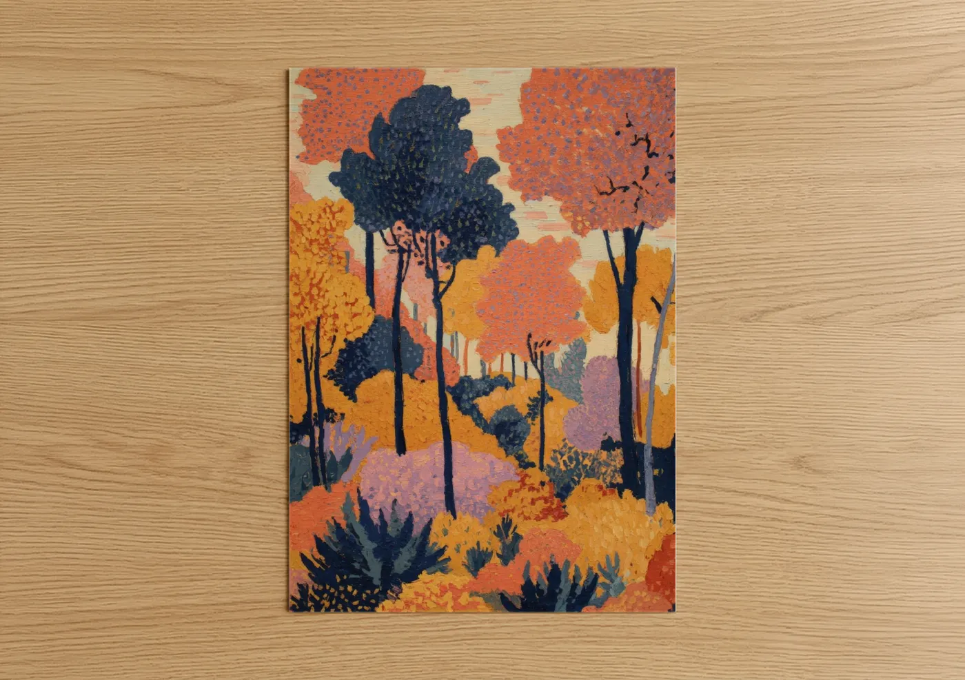 Art print on warm oak wood — gold and orange palette — Autumn Grain Field poster