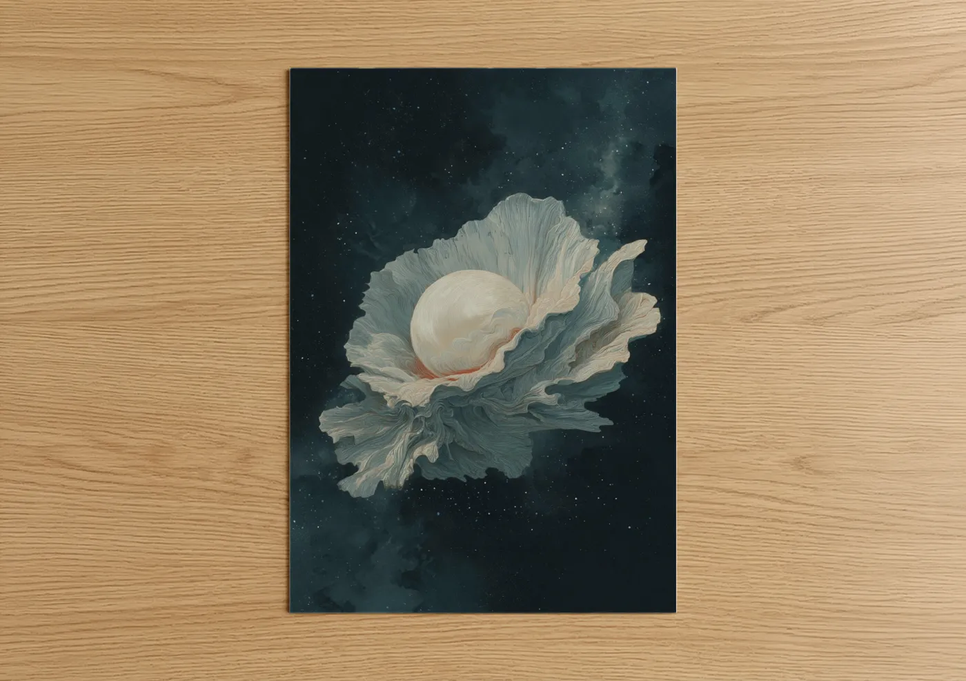 Art print on warm oak wood — blue and white and dove gray palette — Cosmic Oyster poster